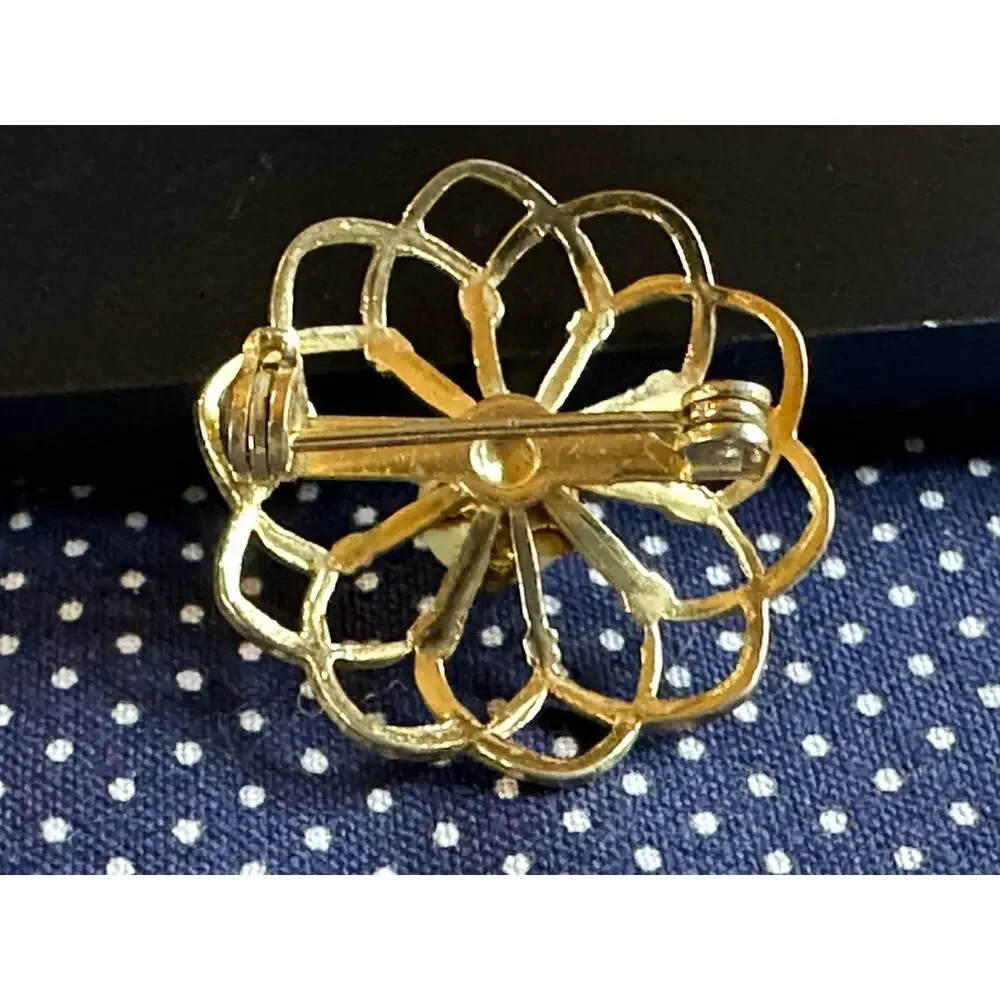 Gold-Tone Floral Pin With Single Pearl Center Vintage Openwork Design Estate